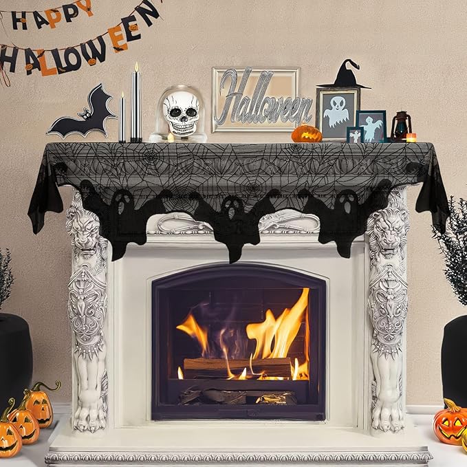 AerWo Halloween Decoration Black Lace Spiderweb Fireplace Mantle Scarf Cover Festive Party Supplies