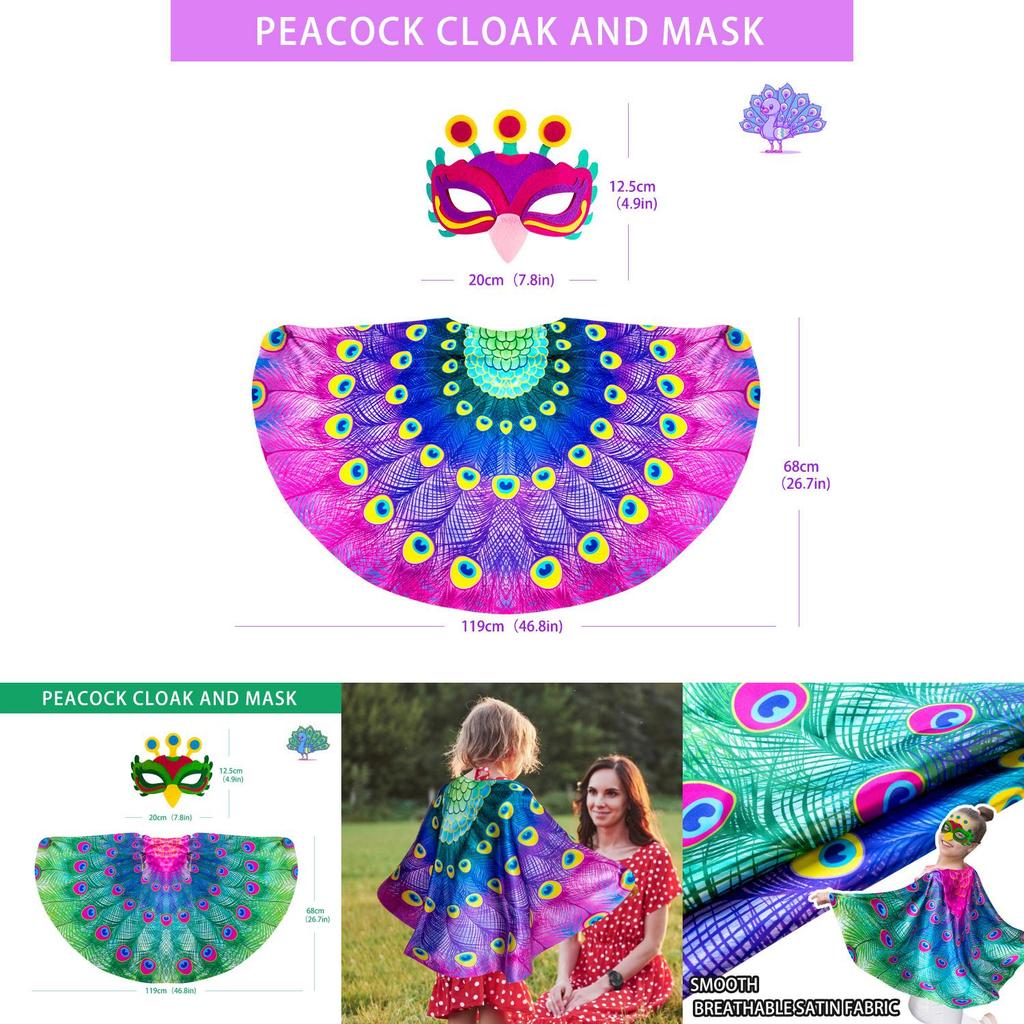 Childrens Peacock Costume Set With Mask And Wings For Halloween And Party Dress Up