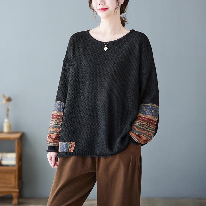 2024 Autumn/Winter Plus Size Retro Ethnic Applique Cotton Knit Women's Loose Round Neck Pullover