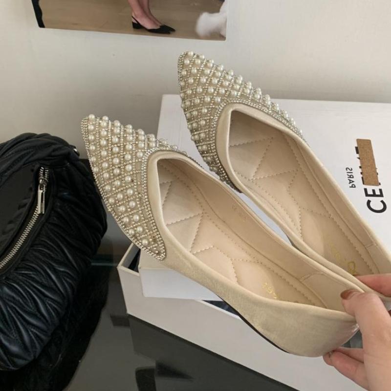Luxury Rhinestone String Bead Decoration Low Heel Pumps Women Fashion Pointed Toe Shallow Designer Shoes Comfort Soft-sole Flats