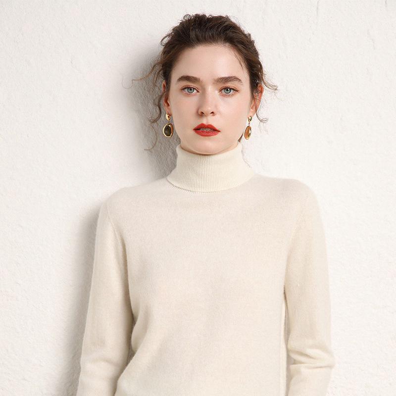 Women's High-Neck Cashmere Wool Pullover - Thick, Solid Color, Loose Fit, Autumn/Winter Sweater