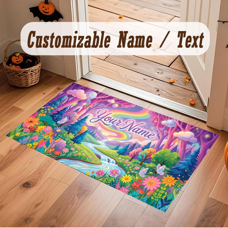 Mushroom Forest Theme Crystal Velvet Floor Rug Personalized Custom Name Text Warm Carpet Home Decoration