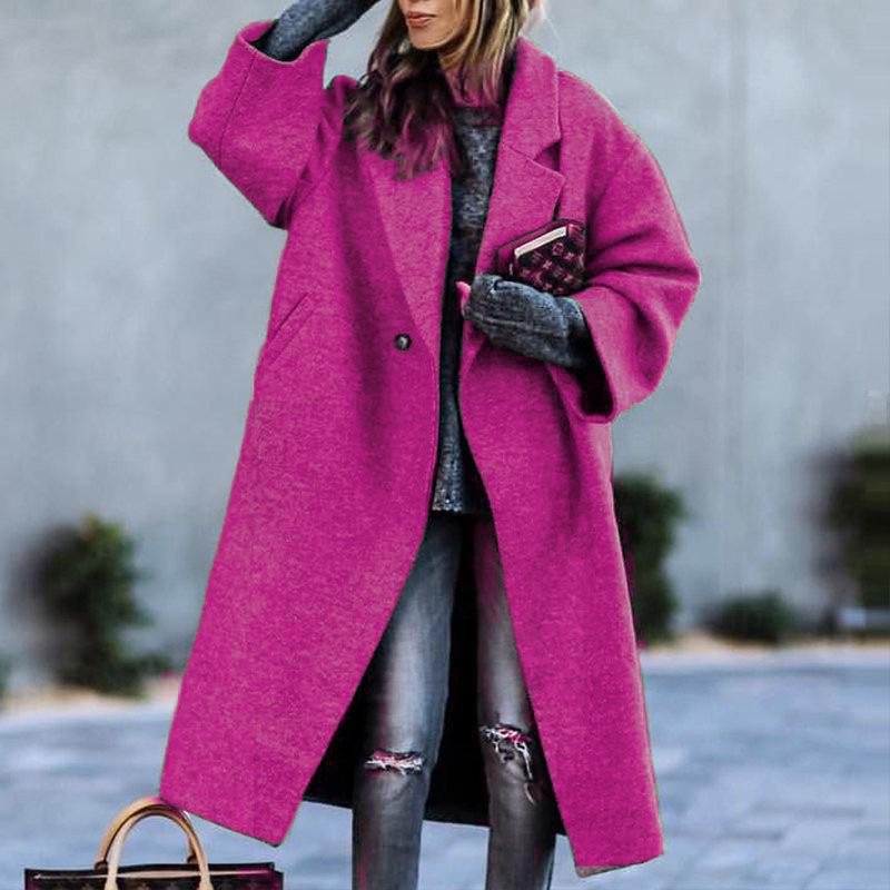 Women's Green Wool Lapel Coat - Autumn/Winter, European/American Style, Beltless, Loose Fit.