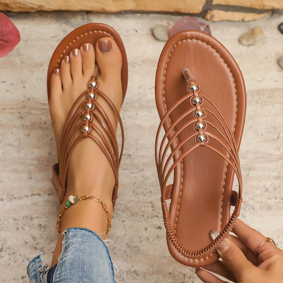 

Xiansimei Women S Bohemian Style Adjustable Ankle Strap Flat Sandals | Open Toe with Beaded Cross Straps, Summer Beach Party Shoes 43 коричневий