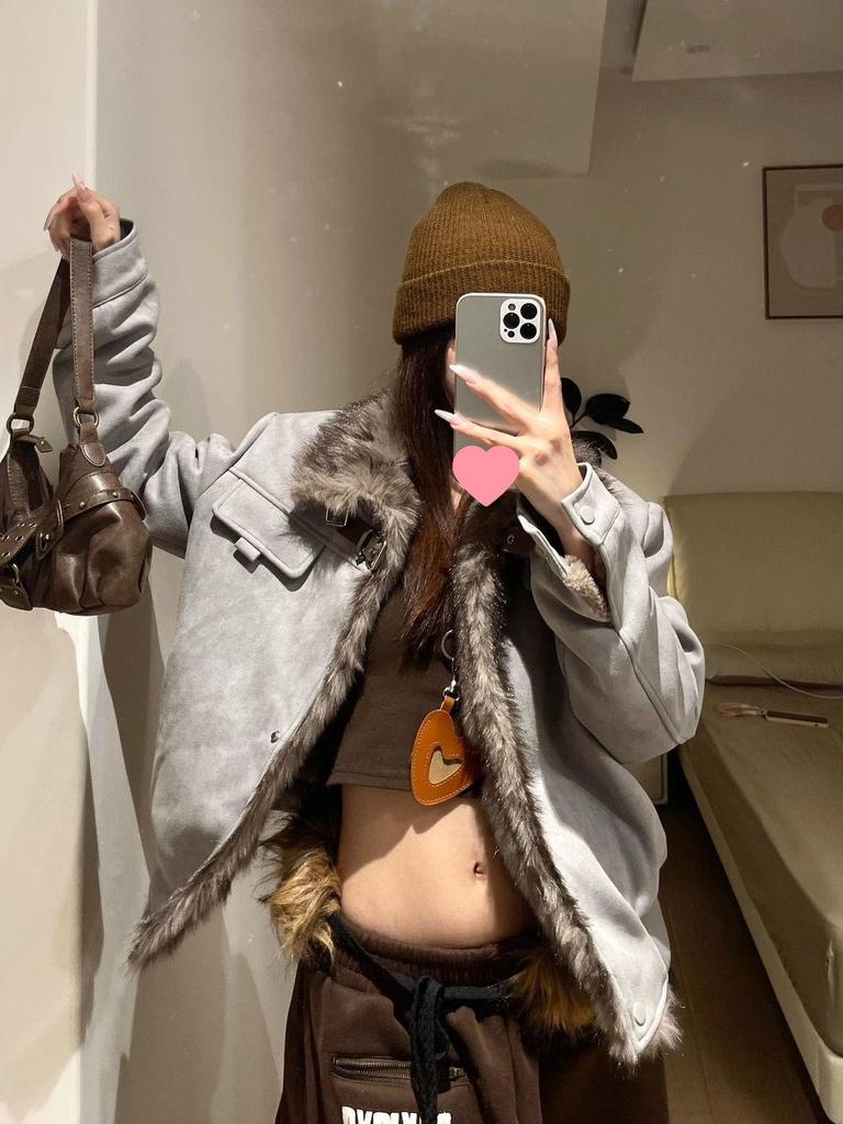 American Style Fluffy Patchwork Stand Collar Plus Velvet Casual Thickened Autumn/Winter Jacket