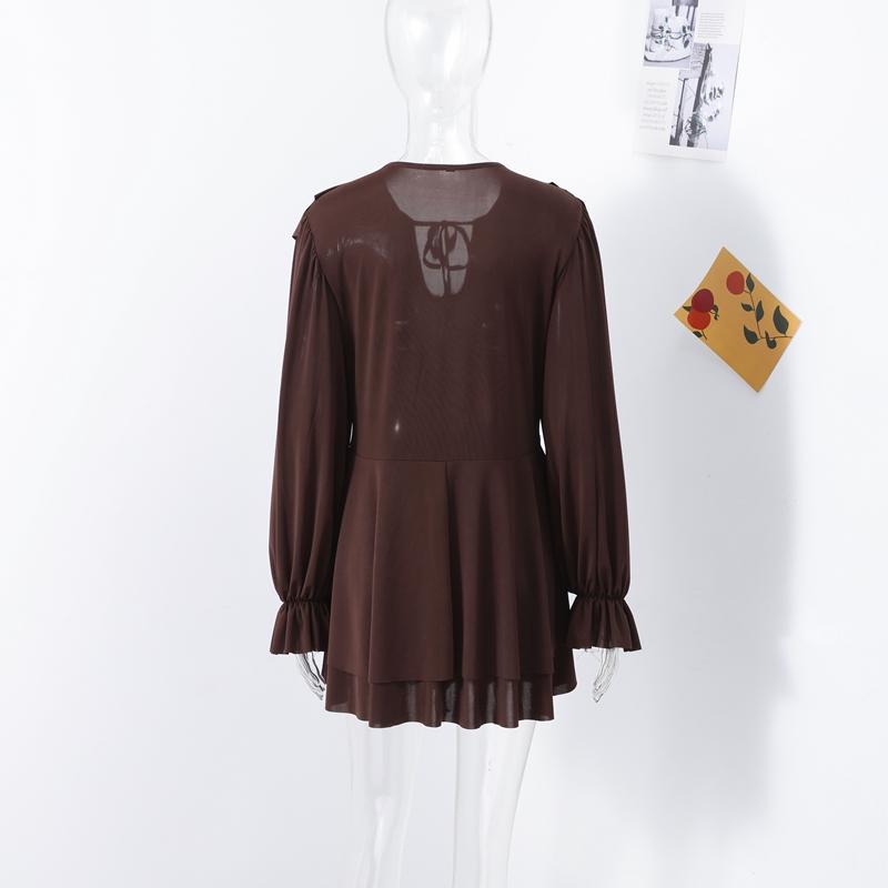 Elegant Lace Fold Dress Women Brown Deep V-neck Long Sleeve Mini Dresses Female 2025 Spring Summer Fashion Loose Lady Robe