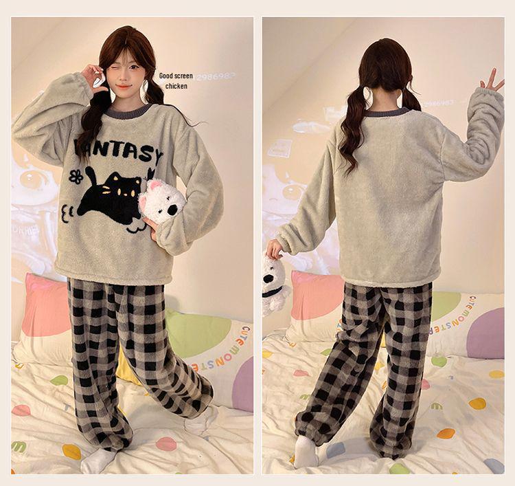 Damski Słodki Kreskówkowy Flanelowy Zestaw Piżamowy - Gruby, Podszyty Polarem i Przytulny na Jesień i Zimę