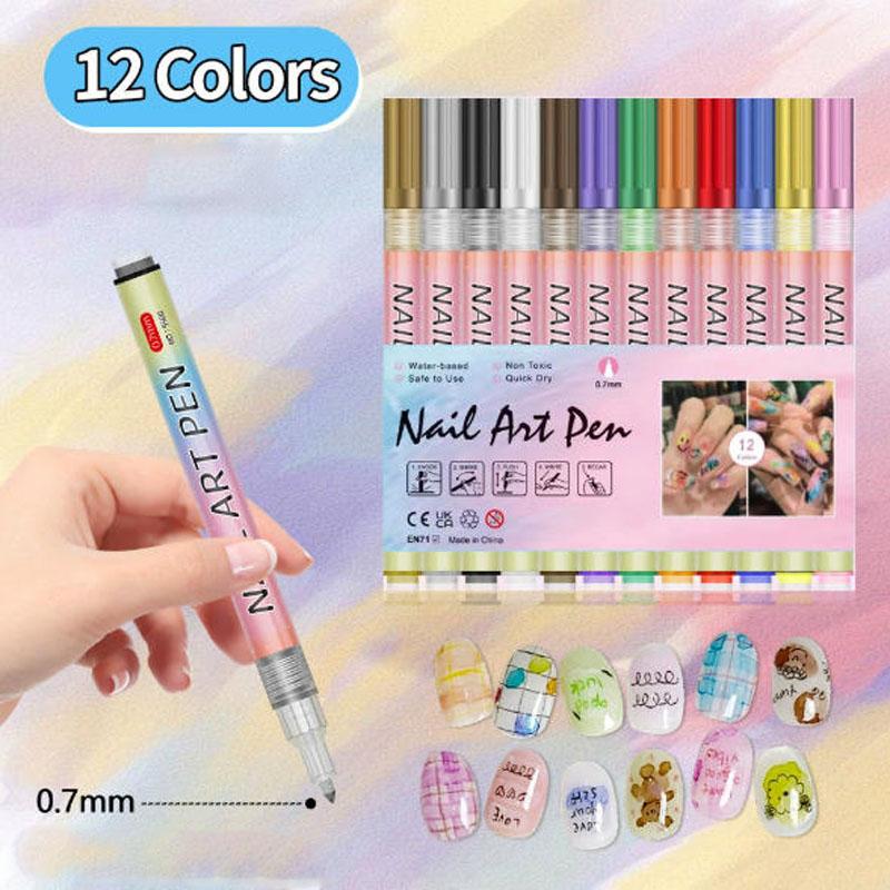 12Pcs Nail Art Pen Marker Set - 0.5mm Fine Tip for Precise Graffiti Drawing