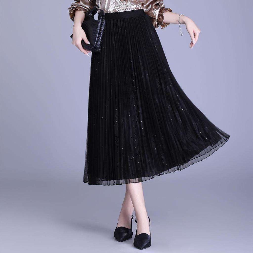 Solid Color High-Waisted Pleated Lurex Mesh Midi Skirt
