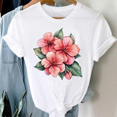 (Asian Size) Clothing Casual Flower Trend Floral Trend Cute Women Tee Top Fashion Short Sleeve T Shirt Print Lady Female Graphic T-shirts