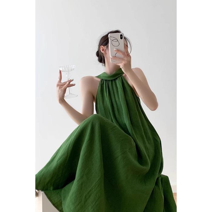 

French lazy wind green neck off-the-shoulder dress for children s summer new temperament vacation dress 2XL армія зелений колір