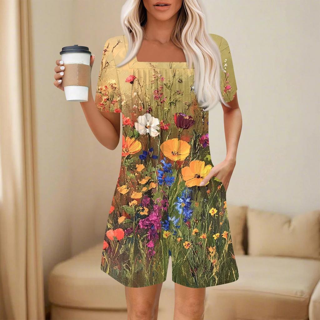 Women's Fashionable And Casual Short-sleeved Pleated Pocket Jumpsuit Printed Jumpsuit Shorts
