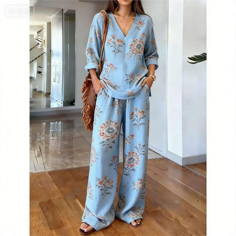Spot Y1 bohemian V-neck top wide-leg pants two-piece women's clothing European and American fashion suit