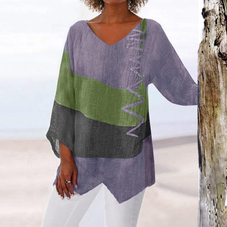 Artistic Printed Loose Long Sleeved V Neck Tshirt with Irregular Hem Top for Women