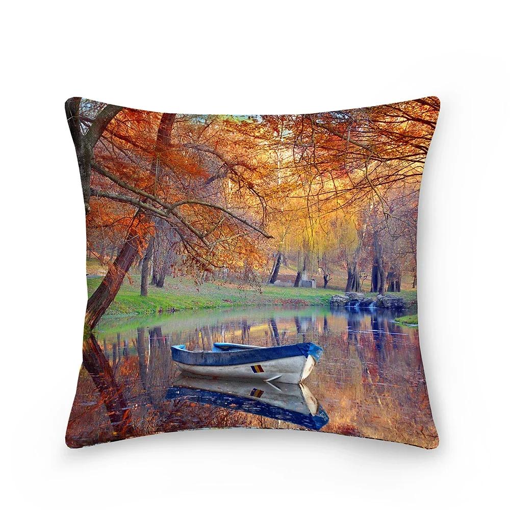 Landscape Pattern Decorative Cushion Cover Polyester Pillow Cover Throw Pillowcase Sofa Chair Bedroom Home Decoration 45X45Cm