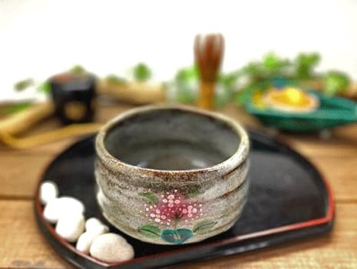 Hyakukaen Kutani Matcha Bowl with Calyx Hydrangea Pink & Blue Undercoat, Ceramic