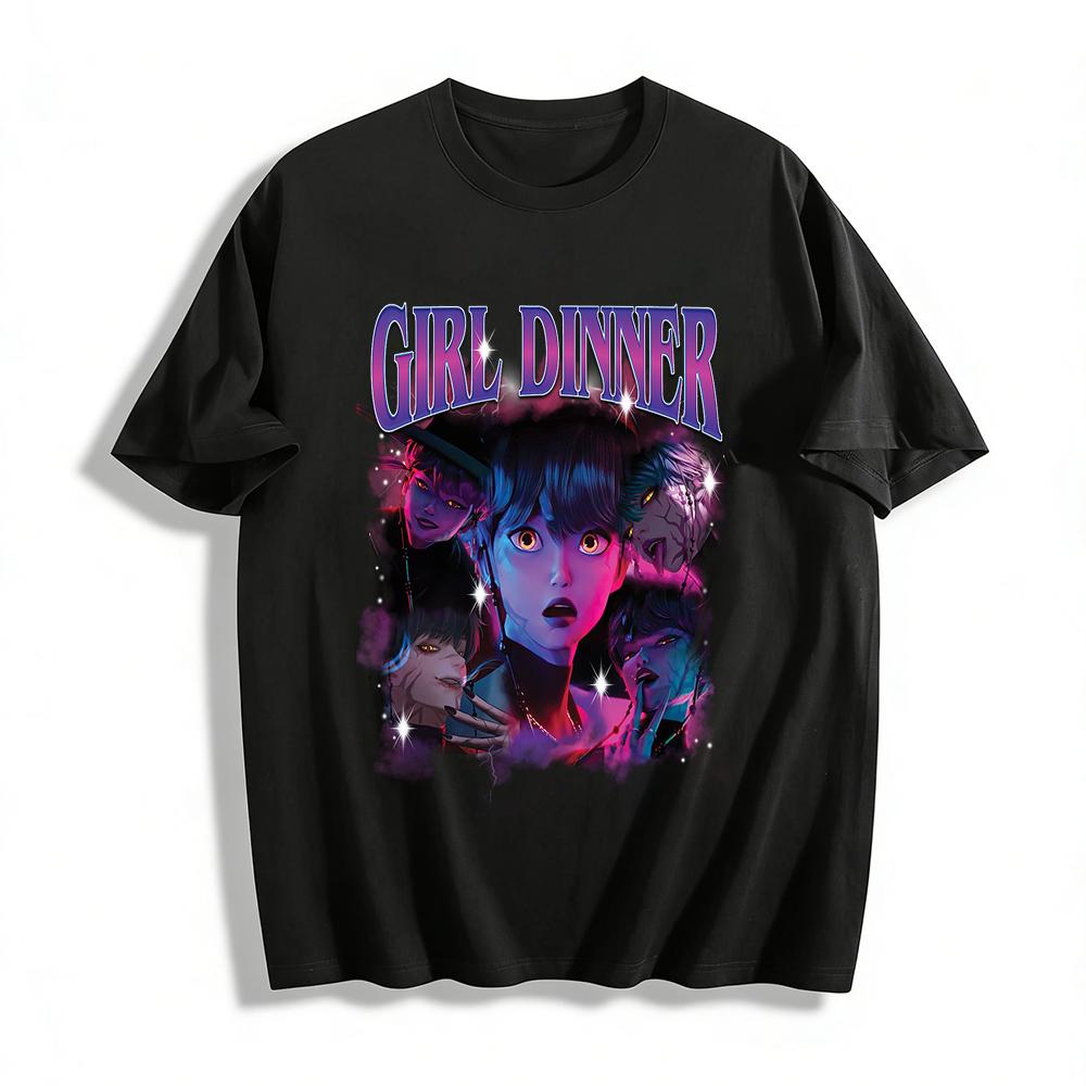 

Vintage Girl Dinner Vampire Anime Print T-Shirt Unisex Street Trendy Loose Top Pure cotton T-shirt XXS