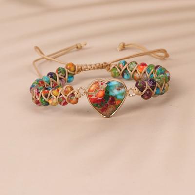 Fashion Heart Shape Jasper Bracelet Double Rows Rope Wrapped 4mm Natural Gemstone Handmade Braided Girls Jewelry