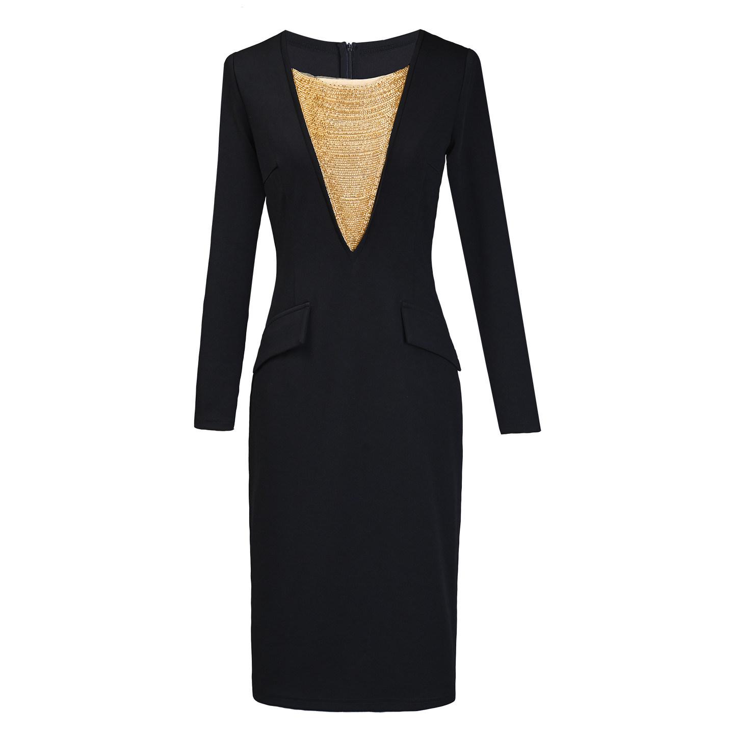 Elegant V-Neck Beaded Patchwork Dress - Slim Fit Hip-Hugging Long Sleeve Design S