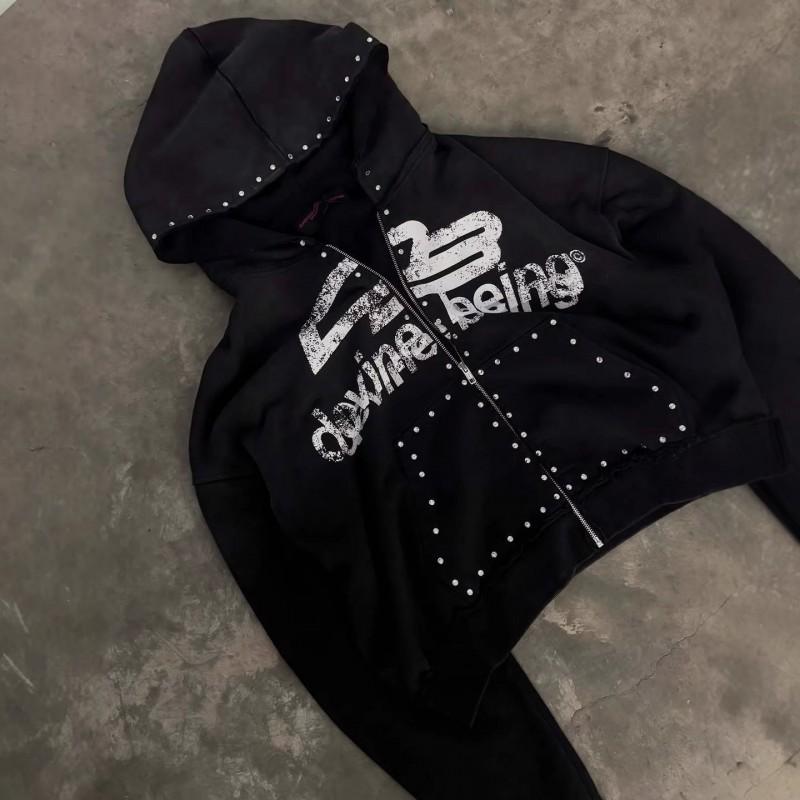 2026 Vintage Y2K Zip Hoodie Teens Loose Fit Letter Print Casual Streetwear