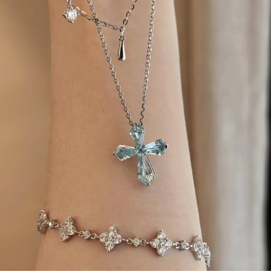 Exquisite Man-Made Aquamarine & Swiss Paraiba Diamond Cross Necklace for Women