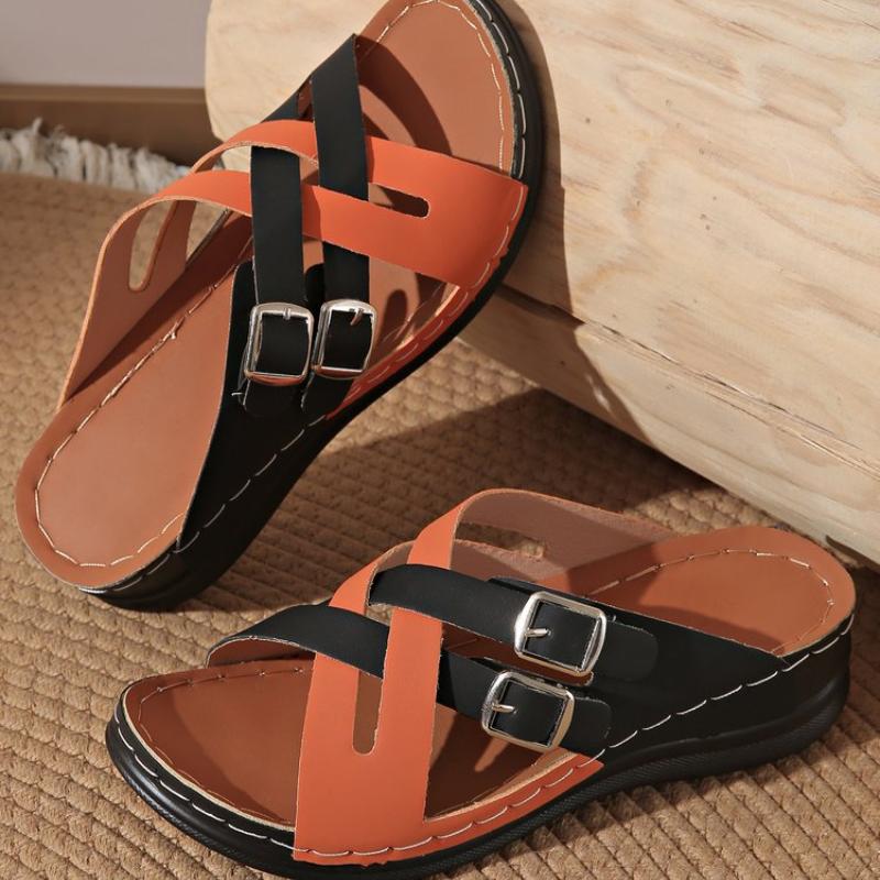 Damen Sommer Keilsandalen Plateau Offene Zehenpartie mit verstellbarer Schnalle Rutschfeste Strandsandalen mit Spitzenschnalle