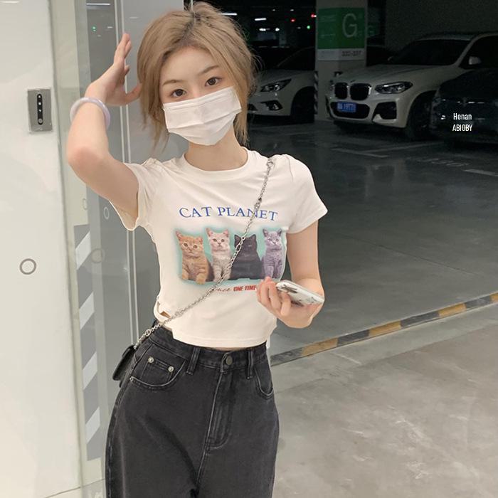 

Women s White Hollow Cat Design Slim Fit Summer Short-Sleeve T-Shirt Extra Large білий
