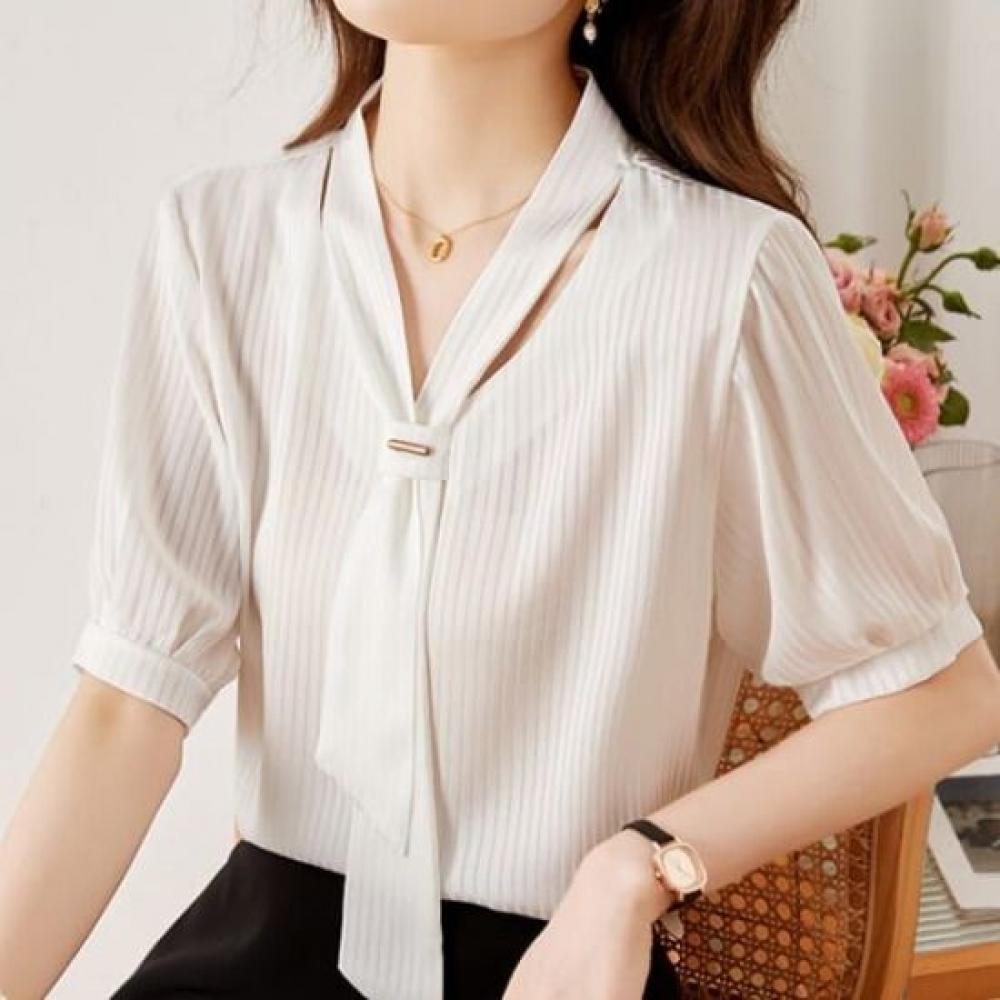 NaVaVa Office Short SleeVe V Neck Ribbon Blouse Nb2584