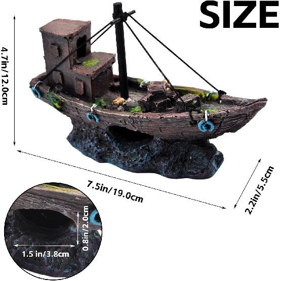 kathson Aquarium Shipwreck Decor Fish Tank Sunken Ship Ornament Pirate Shipwreck Decoration Resin Sunken Boat Betta Fish Sunken Ships Accessories for