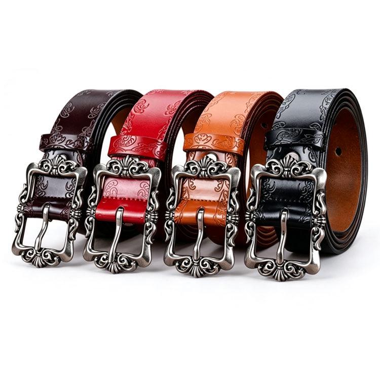 Luxury Retro Palace Style Women's Leather Belt with Butterfly Embossed Carved Buckle
