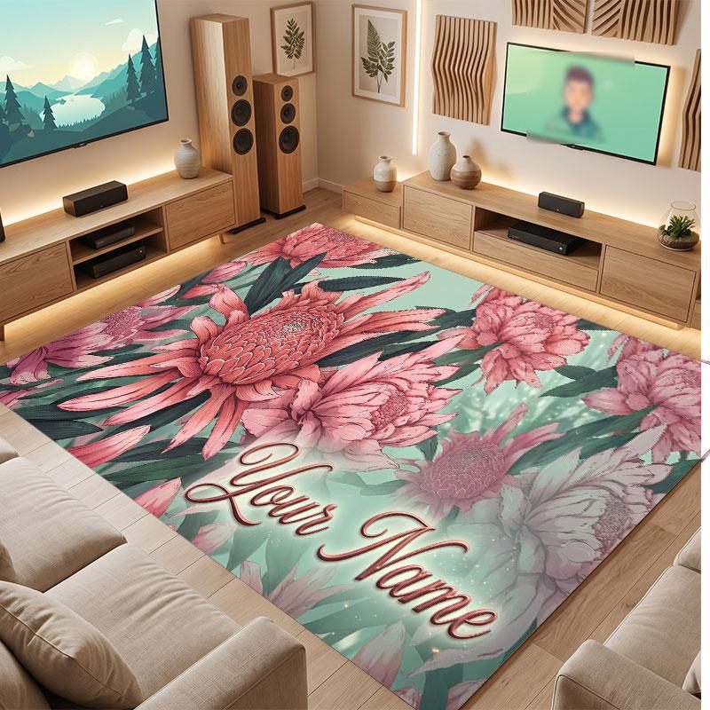 Floral Garden Theme Crystal Velvet Floor Rug Personalized Custom Name Text Warm Carpet Home Decoration