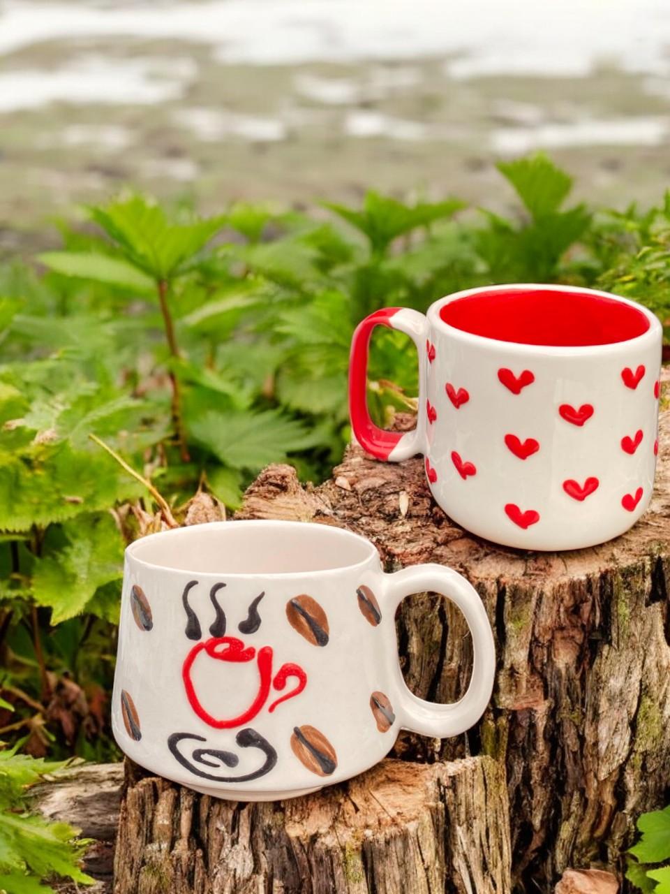 

Coffee and Heart Patterned Handmade Embossed Ceramic Mug