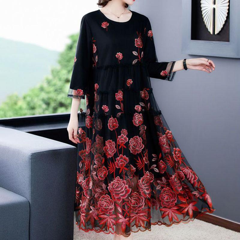 Rochie lungă rotundă brodată pentru femei, plasă, toamnă, largă, linie A, mărimi mari