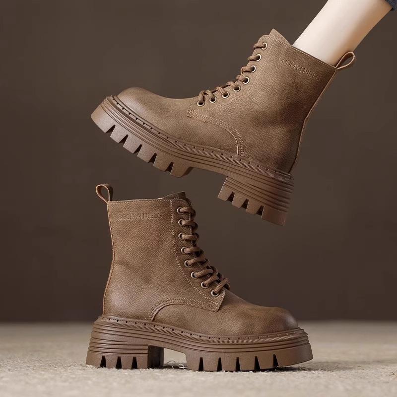 Leather heightened platform Martin boots women's single boots autumn new locomotive winter velvet short boots