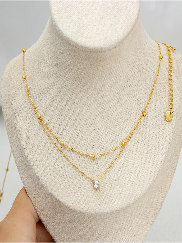 1 Pc Stainless Steel Plated 18K Exquisite Gold Bead Single Diamond Small Double-Layer Necklace