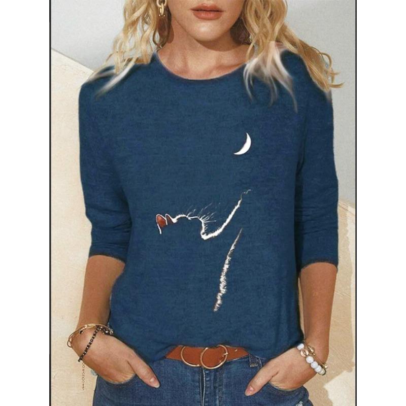 Women Autumn Winter Tops Loose Cat Print Causal Long Sleeve T-shirt Top Blouse