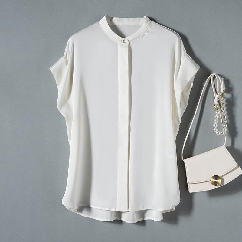 Women's 2025 Summer Short-Sleeve Mulberry Silk Stand Collar Shirt