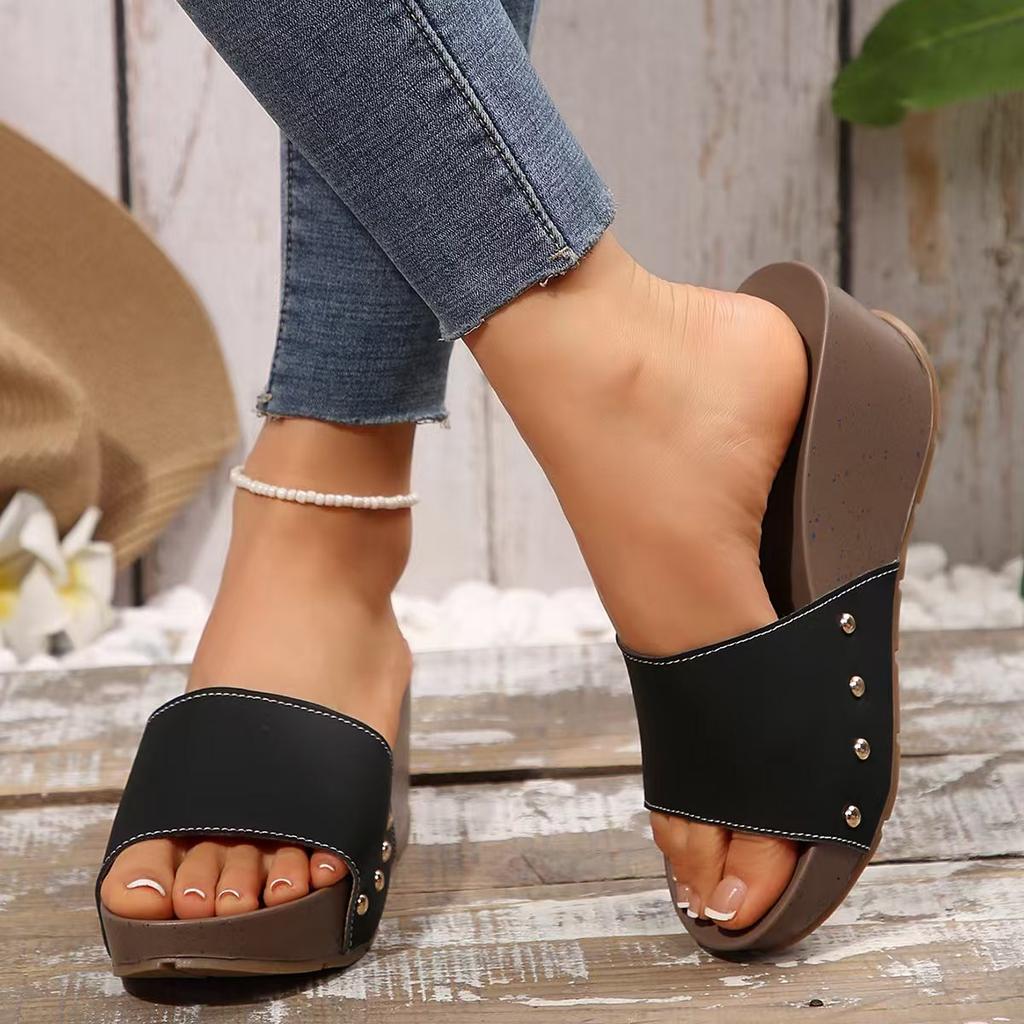 2025 new fashion European and American wedge heel slippers muffin thick-bottomed high-heeled sandals one-character large-size open-toed women's slipp