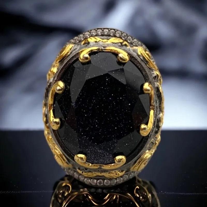 A Men's Egg-shaped Aquamarine Hip-hop Engraved Retro Pattern Ring