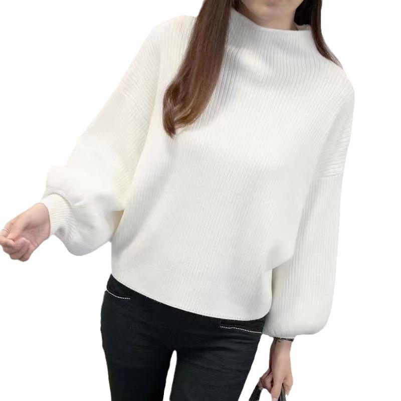 Women's Korean Style Half-High Neck Loose Knit Sweater with Lantern Batwing Sleeves - 2026 Autumn/Winter Collection