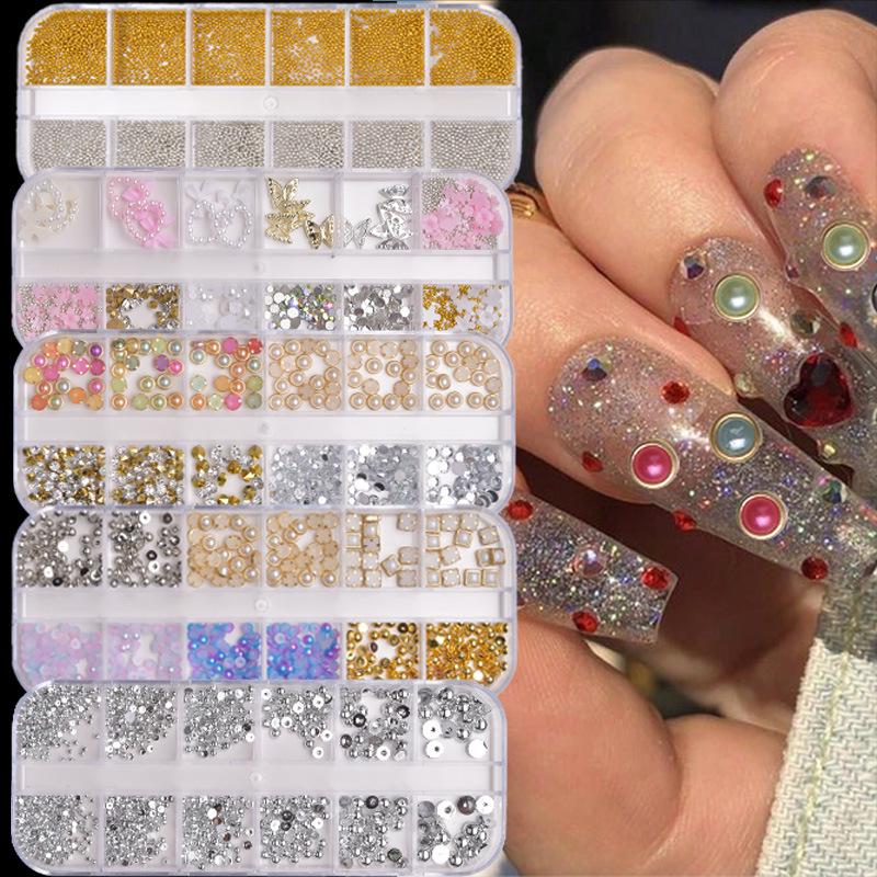 12-Grid Colorful Pearl Nail Art Decorations: Mixed-Size, Full/Half Round, Flat-Back Pearls for DIY.