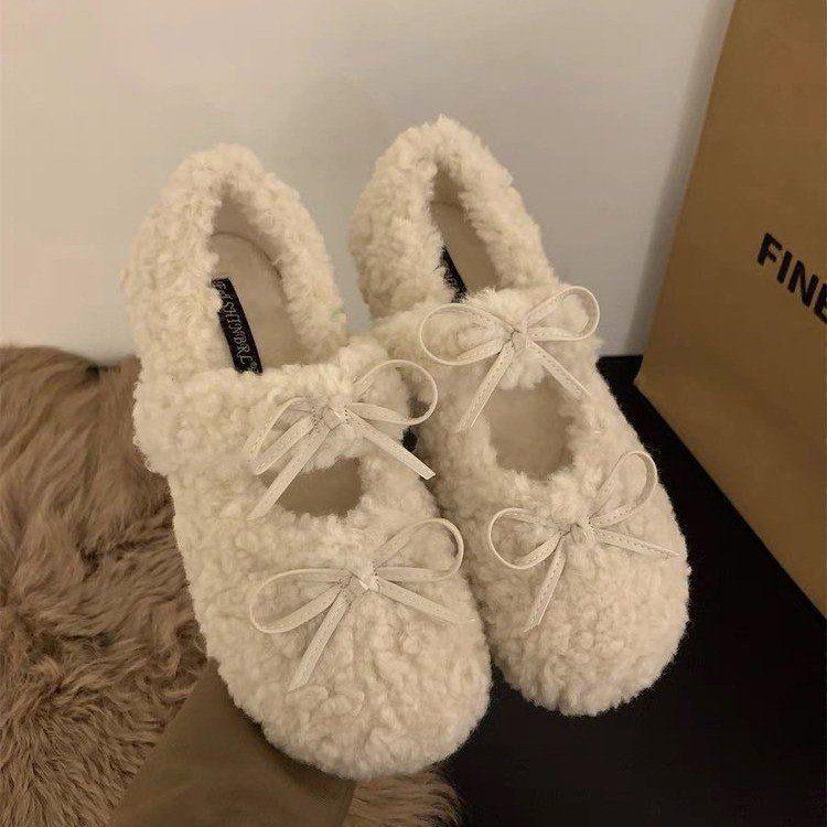 Women s Sweet Furry Shoes 2025 New AutumnWinter Bow Flat with Velvet Lining 37 3700₽