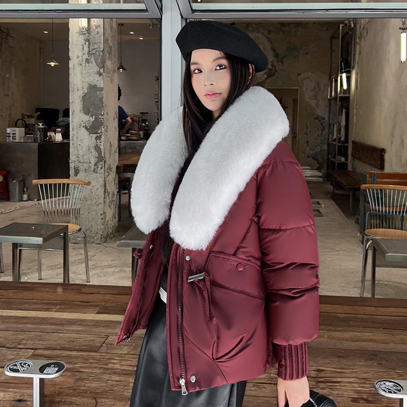 Women's Winter Down Cotton Jacket with Large Fur Collar - European & American Style, Short & Loose Padded Coat