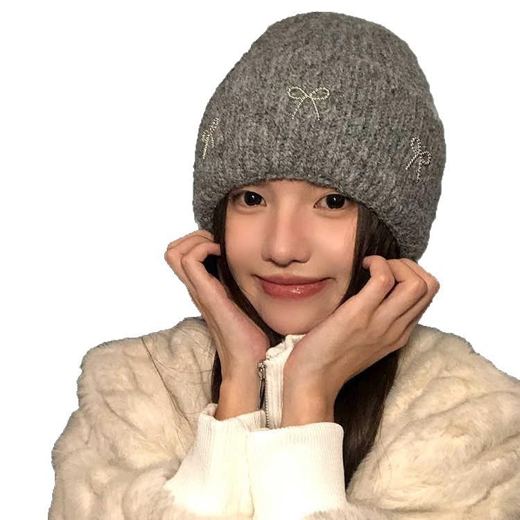 Korean Versatile Thickened Bow Wool Hat Fashionable Casual Big Head Circumference Windproof Warm Hat Autumn and Winter Ear Protection Cold Hat