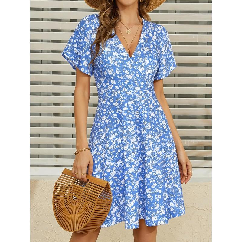 QICED Fashion Summer Spring V-Neck Short Sleeve Casual Dresses