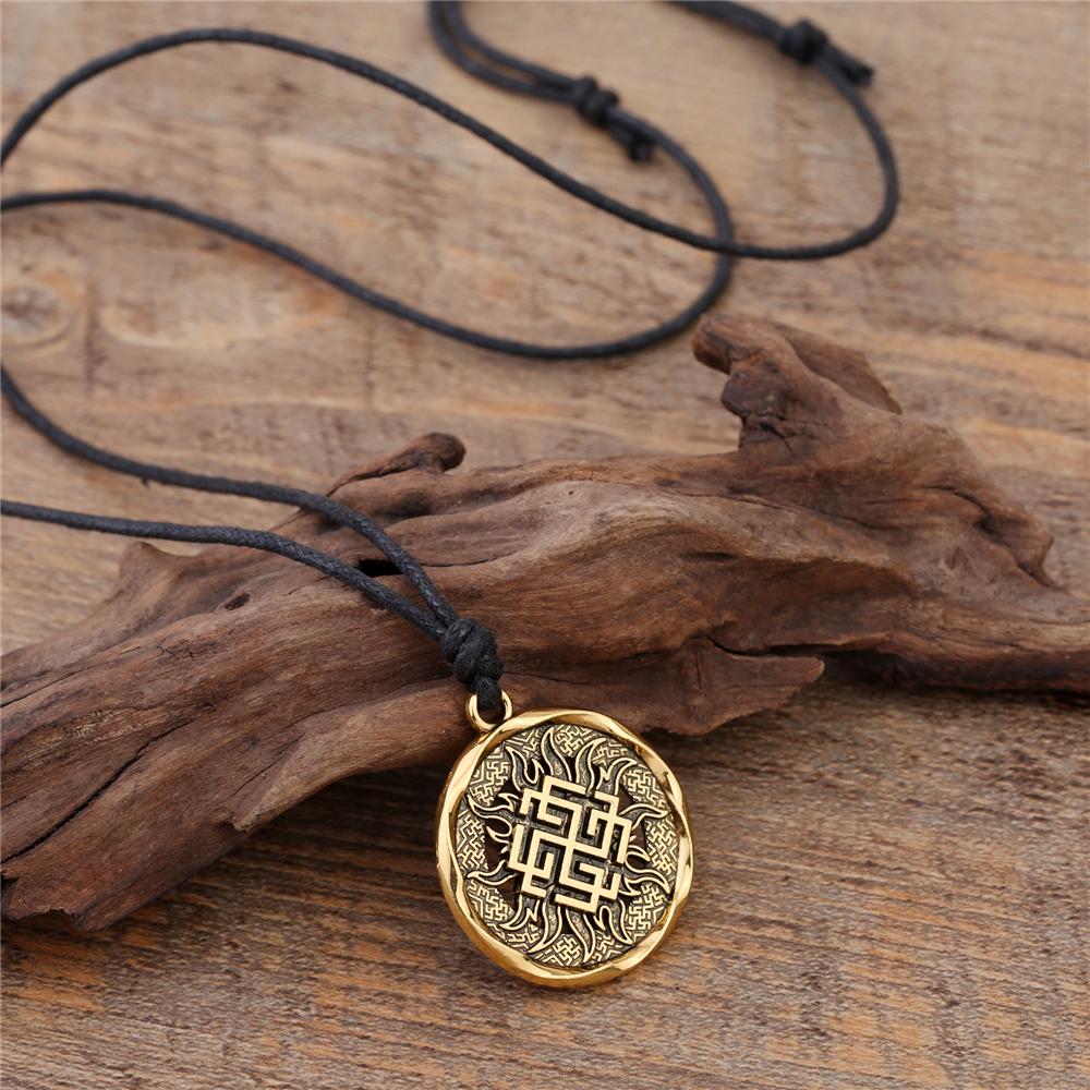 Teamer Wicca Round Necklace Men Norse Viking Runes Tree of Life Seal Pendants Wax Cord Link Chain Men's Necklace Jewelry Gifts