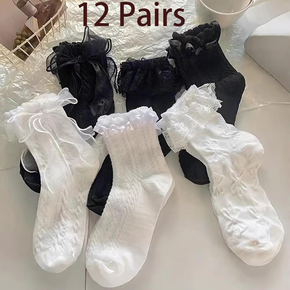6 Pairs Woman Socks Solid Black White Lolita Lacework Ruffle Socks Summer Thin Japanese Style Kawaii Sweet Girls Short Socks