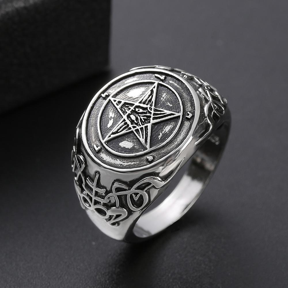 

Satanic Baphomet Goat Head Ring with Inverted Pentagram Band Gothic Jewelry for Men Women no. 13