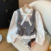 Beaded Bow Pullover Round Neck Chiffon Shirt College Style Strappy Long Sleeve Knitted Suspender Two-piece Set
