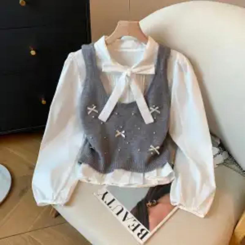 

Beaded Bow Pullover Round Neck Chiffon Shirt College Style Strappy Long Sleeve Knitted Suspender Two-piece Set S сірий колір